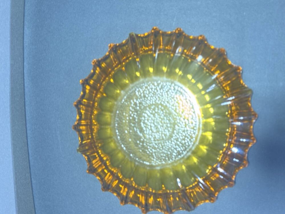 Vintage Amber Glass Sunflower Bowl 10.5” Scalloped Rim Pressed Glass MCM
